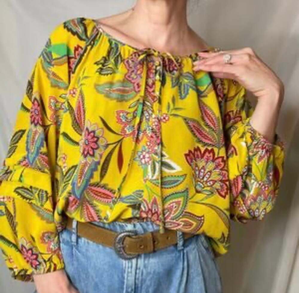 Johnny Was Anka Boho Peasant Top Size XS Yellow Floral Silk Blouse